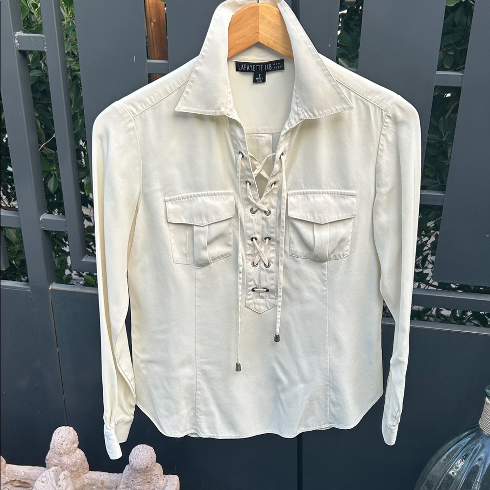 Lafayette 148 New York Cream Lace-Up Button Down Shirt